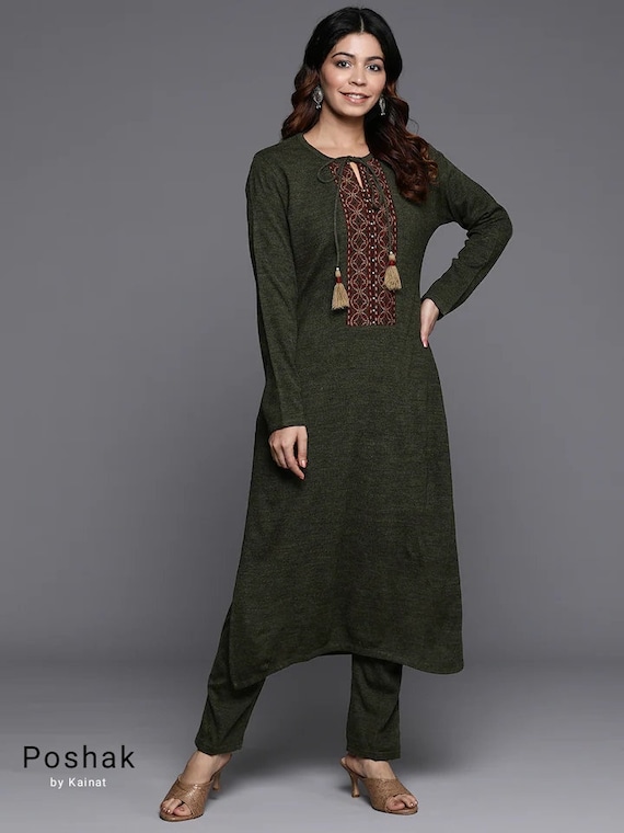 Woolen Kurta Sets for Women Olive Green Yoke Design Woolen Kurta