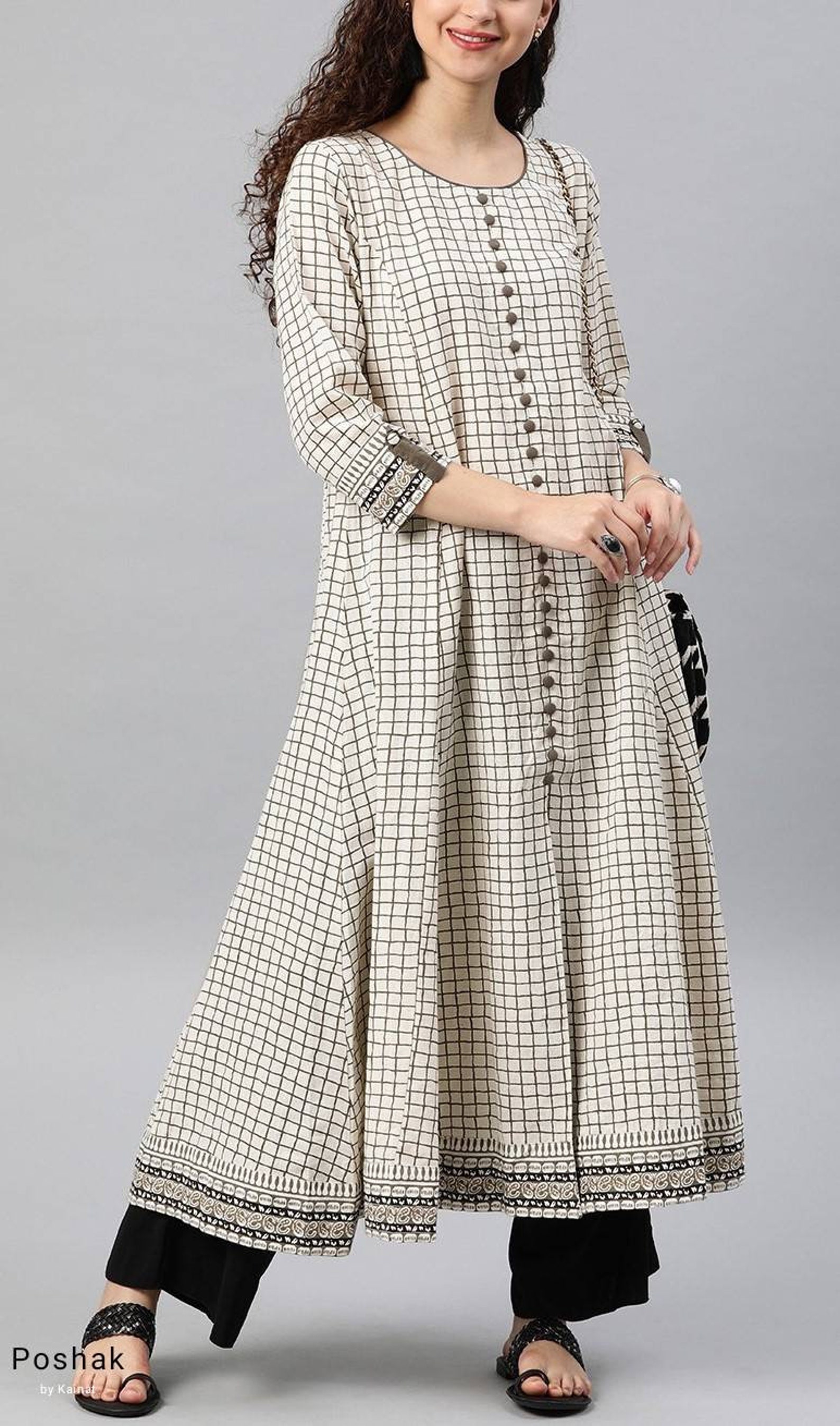 Plus Size Kurti White and Grey Checked Cotton Aline Kurta Etsy