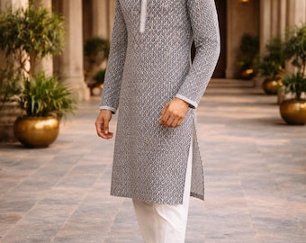 Indian Festive/Party Wear For Men - Pure Cotton Embroidered Black Kurta With Pyjama For Men -Men's Indian Ethnic Wear- Pathani Kurta Set Men