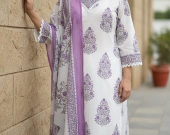 Conjunto de Salwar Kameez de algodón puro: Kurta recta rosa y blanca con pantalón y dupatta, Kurti con pantalón, vestido étnico indio, Salwar Kamee