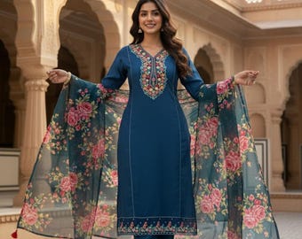Designer Embroidered Kurta Set - Navy Blue Embroidered Silk Kurta With Palazzo & Dupatta - Indian Party/Wedding Wear For Women - Silk Kurta