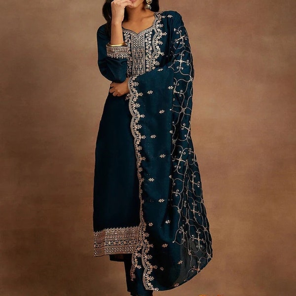 Silk Kurta Sets  - Indian Party/ Wedding Wear For Women- Navy Blue Zari Detail Silk Kurta With Trousers & Dupatta - Salwar Suit Dupatta