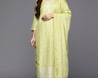 Tenue de soirée indienne pour femme - Kurta brodé Zari vert avec pantalon et dupatta - Ensemble Salwar Kameez - Robe Bollywood - Ensemble pantalon Kurta