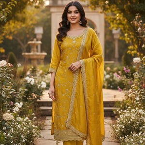 Indian Party / Wedding Wear For Women - Mustard Yellow Silk Embroidered Straight Kurta With Trousers & Dupatta - Kurta Sets - Salwar Kameez