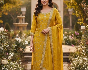 Indian Party / Wedding Wear For Women - Mustard Yellow Silk Embroidered Straight Kurta With Trousers & Dupatta - Kurta Sets - Salwar Kameez