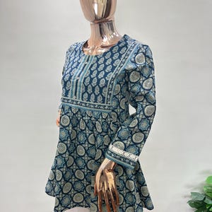 Blue Cotton Peplum Kurti for Women | Indian Printed Tunic Top | Boho Summer Blouse | Ethnic Cotton Kurta XS-8XL | Plus Size Modest Clothing image 4