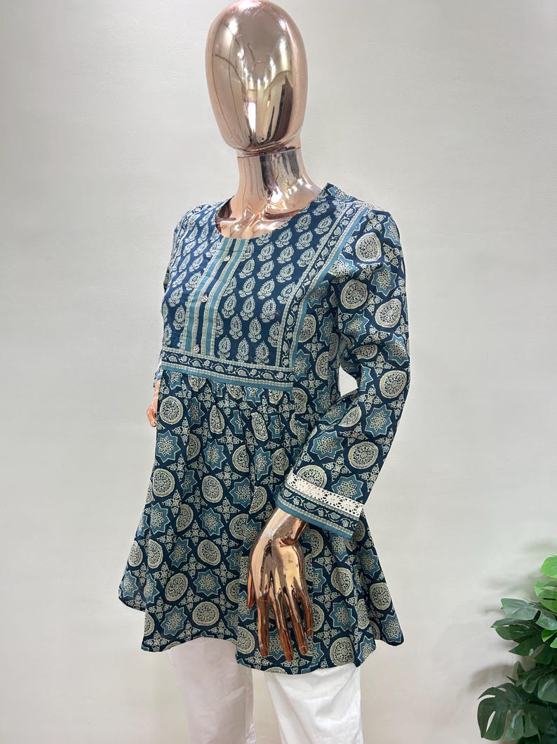 Blue Cotton Peplum Kurti for Women | Indian Printed Tunic Top | Boho Summer Blouse | Ethnic Cotton Kurta XS-8XL | Plus Size Modest Clothing image 4