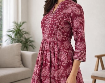 Túnicas cortas para mujer - Kurti de algodón malva y blanco - Kurta corta - Blusas casuales para mujer - Blusas y camisetas de primavera y verano - Regalos para ella
