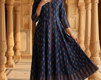 Kurti For Women - Navy Blue Printed A-Line Kurta - Indian Ethnic Kurta- Office/Casual Wear - Plus Size 3XL 4XL 5XL 6XL Indian Anarkali Kurta