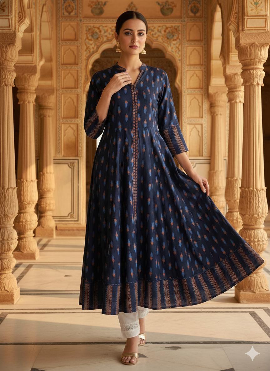 女性用クルティ - ネイビーブループリントAラインクルタ - インド民族