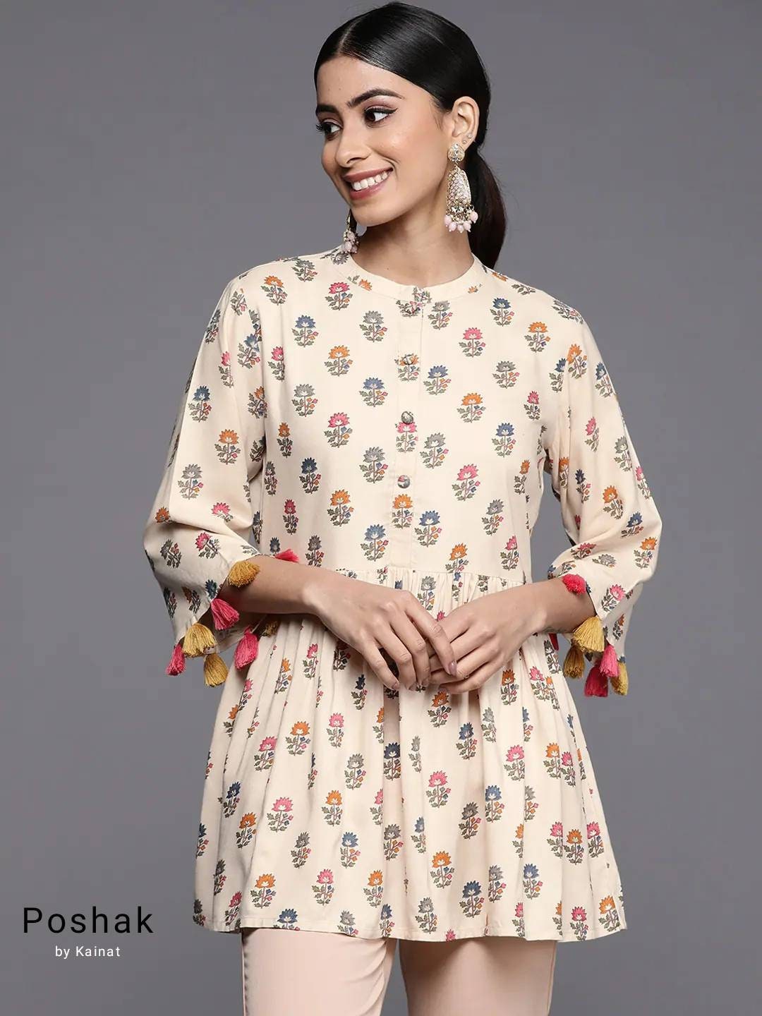 Women Cream Ethnic Printed Straight Tunic