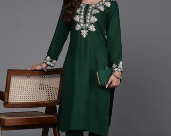 Winter Woolen Kurta Set For Women - Green Embroidered Woolen Kurta with Trousers- Indian/ Kashmiri Kurta - Woolen Winter Wear  For Women