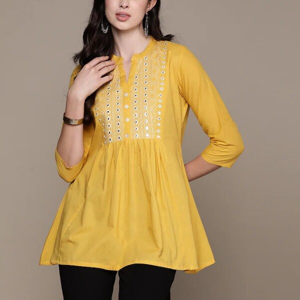 Pure Cotton Kurti For Women - Yellow Embroidered Yoke Design A-line Tunic Top - Short Kurta - Summer Wear Kurti Kurta - Bohemian Tops Tees