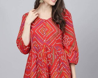 Baumwolle Kurtis für Frauen - Rote Bandhani Bedruckte A-Linie Tunika Oberteile - Plus Größe XXL 3XL 4XL 5XL 6XL 7XL Tunika für Frauen - Kurze Kurta für Frauen