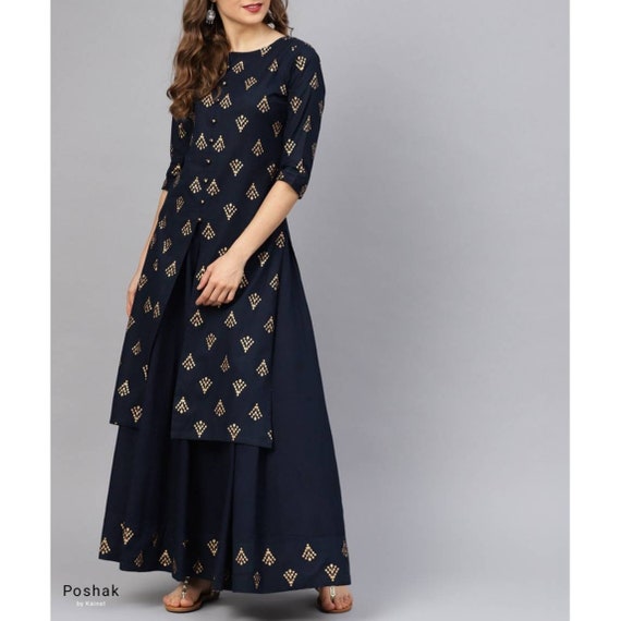 Party-wear kurti, skirt and dupatta with gold prints and gotta work - Kurti  Fashion