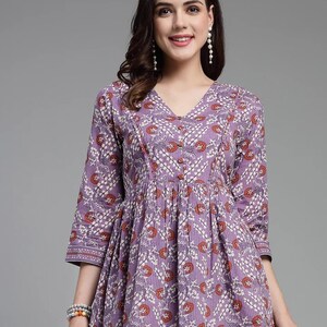 Pure Cotton Empire Tunic Top - Lavendee Printed Cotton Kurti - Summer Tops Tees T-shirt - Kurtis For Women - Short Kurta - Indian Ethnic Top