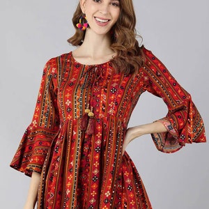 Kurtis For Women - Red A-line Printed Tunic Tops - Short Kurta Dress - Indian Ethnic Tops - Summer Casual Blouses Tops - Boho Hippie Tops