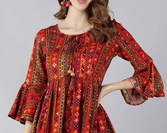 Kurtis pour femme - Tuniques trapèze rouges imprimées - Robe kurta courte - Tops ethniques indiens - Blouses d'été décontractées - Tops bohème hippie