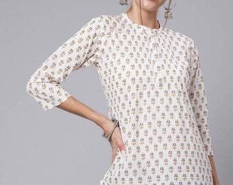 Kurzes Kurta Kleid - Weiß bedrucktes Baumwolloberteil - Kurtis für Frauen - Tunikas für Frauen - Indisch Ethnic Top - Plus Size Tops Tees T-Shirt Blusen