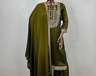 Kurti Palazzos Sets For Women - Olive Green Embroidered Short Kurti With Sharara For Indian Party Wear- Indian Mehendi Party Kurta Set Women