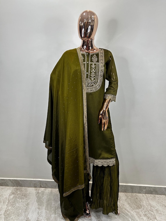 Kurti Palazzos Sets For Women - Olive Green Embroidered Short Kurti With Sharara For Indian Party Wear- Indian Mehendi Party Kurta Set Women