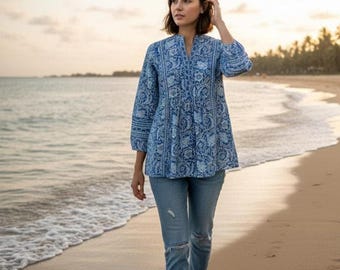 Blue Floral Printed Empire Top - Short Kurta For Women - Summer Kurtis - Tops Tees T-shirt  - Plus Size Boho Tops - Pure Cotton Tunic Tops