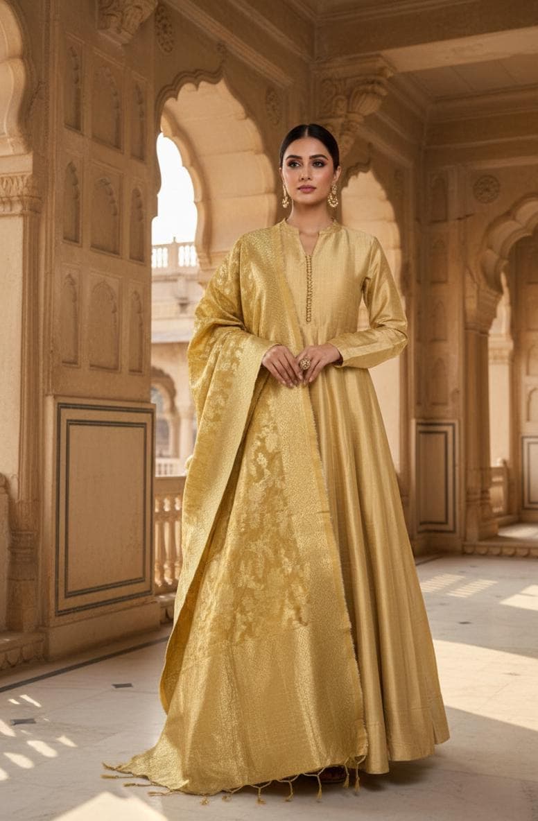 gold colour anarkali dress Anarkali Kurta - Gold Toned Woven Maxi Dress With Banarsi Silk Dupatta -  Indian Party Wear - Ethnic Wear Women - Indian Dress - Party Gown
