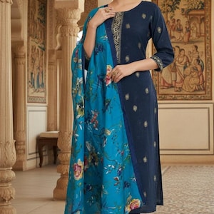 Indian Dress For Women - Blue Yoke Design Kurta With Trousers Dupatta - Salwar Kameez For Women - XXL 3XL 4XL 5XL 6XL Party Wear Kurta Sets