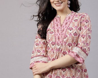 Pink Floral Bedrucktes Empire Top - Kurze Kurta Frauen - Sommer Kurtis - Tops Tees T-Shirt - Plus Size Boho Tops - Reine Baumwolle Tunika Tops Frauen