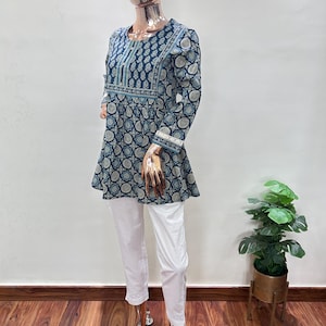 Blue Cotton Peplum Kurti for Women | Indian Printed Tunic Top | Boho Summer Blouse | Ethnic Cotton Kurta XS-8XL | Plus Size Modest Clothing image 13