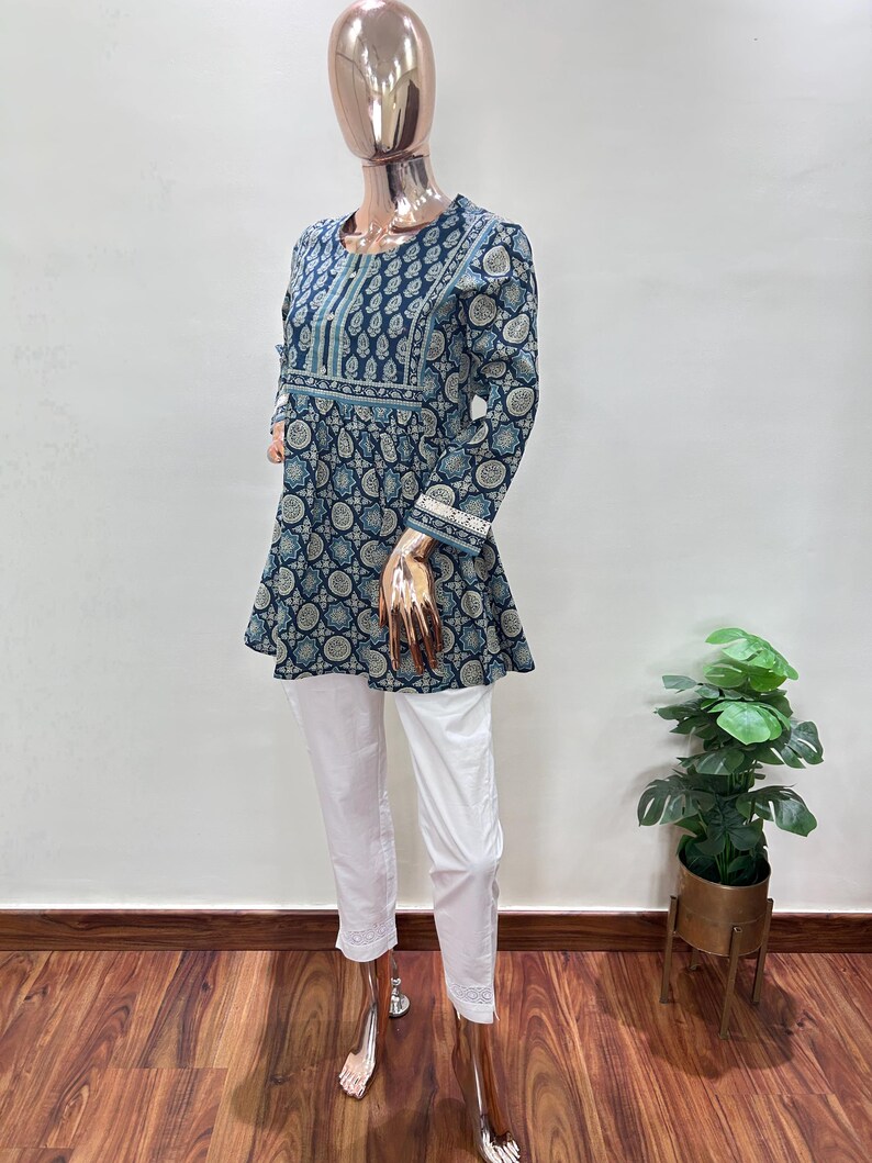Blue Cotton Peplum Kurti for Women | Indian Printed Tunic Top | Boho Summer Blouse | Ethnic Cotton Kurta XS-8XL | Plus Size Modest Clothing image 13