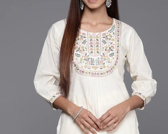 Tuniques indiennes pour femmes - Haut tunique d'été brodé blanc cassé en pur coton/Kurti pour femmes - Haut Kurta court -XXL 3XL Tops d'été pour femmes