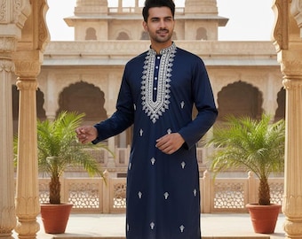 Pijama kurta de algodón bordado para hombre - Pijama kurta indio hecho a mano - Traje tradicional indio de boda para hombre - Kurta Churidar étnico de diseñador