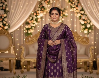 Purple Cotton Silk Brocade Kurta Set with Dupatta | Woven Zari Ethnic Motifs Kurta Trousers Set | Indian Wedding Festive Outfit | Salwar Set