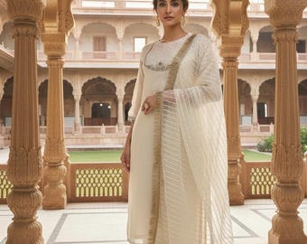 Off White Silk Blend Embroidered Kurta Pant Set with Organza Dupatta | Ethnic Party Wear Suit | Festive Wedding Outfit for Women