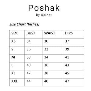 May include: Size chart for clothing in inches. The chart shows sizes XS through XXL with corresponding bust, waist, and hip measurements.