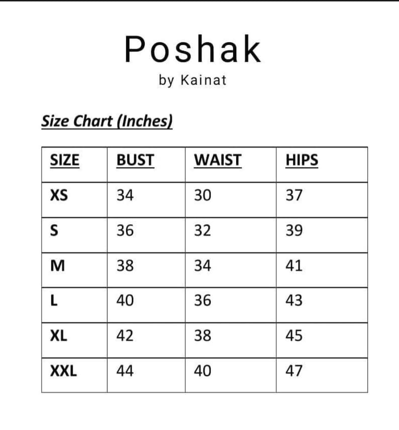 May include: Size chart for clothing in inches. The chart shows sizes XS through XXL with corresponding bust, waist, and hip measurements.