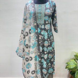 Plus Size Kurta Set For Women - Silk Grey Printed Straight Kurta with Salwar & Dupatta - XXL 3XL 4XL 5XL Salwar Kameez Set - Indian Dress