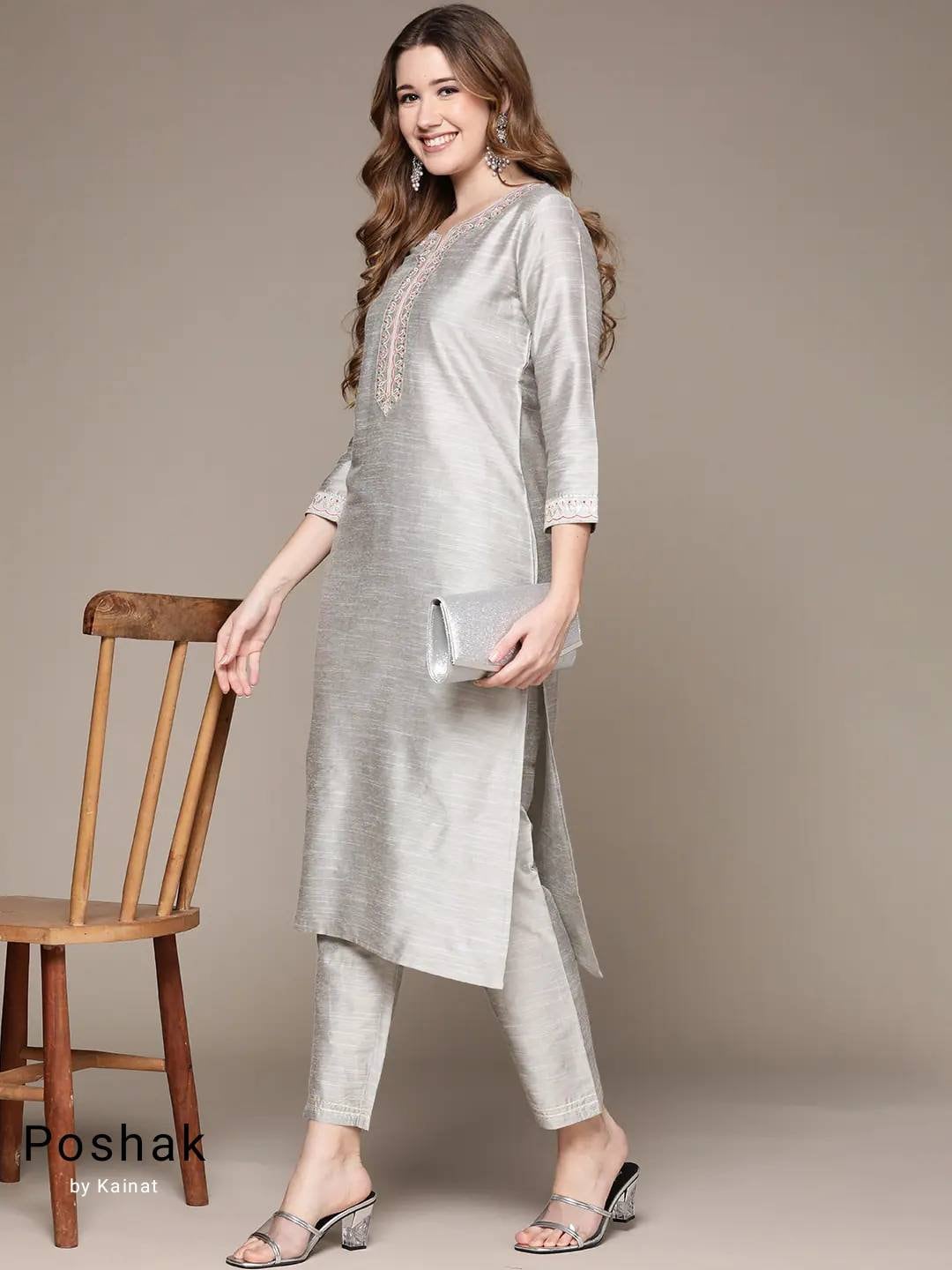 Awesome Silver Colored Designer Kurti with Pant