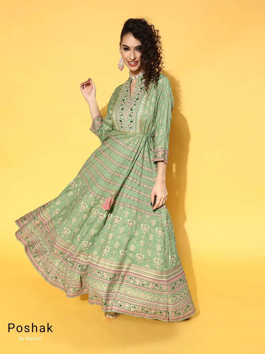 Green Color Embroidered Festive Wear Kurti