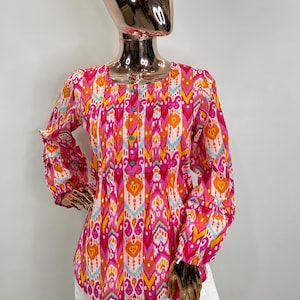 Kurtis for women - Indian Tunic - Short Kurta Dress -  Pink & White Printed Cotton Kurti - Indian Dress - Top and Tees - Summer Wear Tops