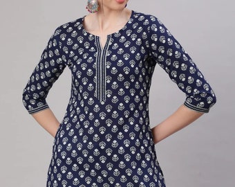 Tuniques indiennes pour femme - Haut tunique d'été en coton imprimé bleu marine et blanc pour femme - Kurta court pour femme - Hauts d'été, t-shirts, chemisiers
