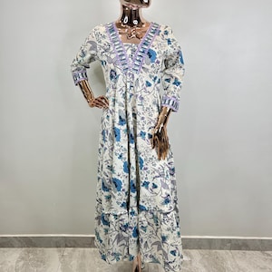 Maxi Dress For Women - Pure Cotton White A-line Floral Printed Kurta - Flared Dress - Anarkali Kurta - Summer Dress Women -Boho Hippie Dress