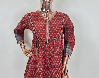 Indian Tunics For Women -  Pure Cotton Maroon  & Black Summer Tunic Top/ Kurti For Women - Short Kurta Top - Summer Tops Tees Kurti Women