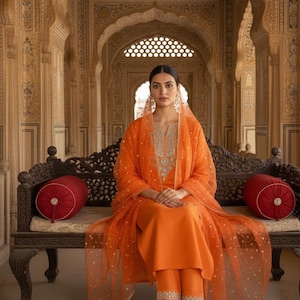 Indian Party Wear Dress For Women - Kurta Sets For Women - Orange Embroidered Straight Kurta With Trousers & Dupatta - Salwar Kameez Set