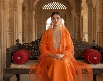 Indian Party Wear Dress For Women - Kurta Sets For Women - Orange Embroidered Straight Kurta With Trousers & Dupatta - Salwar Kameez Set
