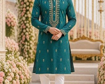 Conjunto de pijama kurta para hombre - Kurta de algodón puro con bordado verde azulado y pantalón - Ropa étnica india para hombre - Trajes kurta de fiesta indios para hombre