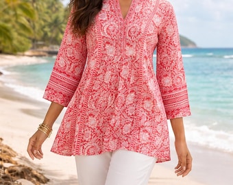 Peach Floral Printed Empire Top - Short Kurta For Women - Summer Kurtis - Tops Tees T-shirt  - Plus Size Boho Tops - Pure Cotton Tunic Tops