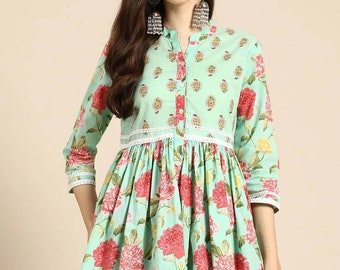 Short Tunic For Women - Short Kurta -Kurtis For Women - Indian Tunic- Sea Green & Pink Pure Cotton Peplum Top - Gifts For Her -  Tunics Tops