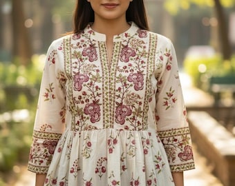 Summer Tops Tees Blouse For Women - Off-White Pure Cotton Printed Kurta- Short Kurta - Cotton Tunic - Indian Ethnic Tops - Boho Tops T-shirt